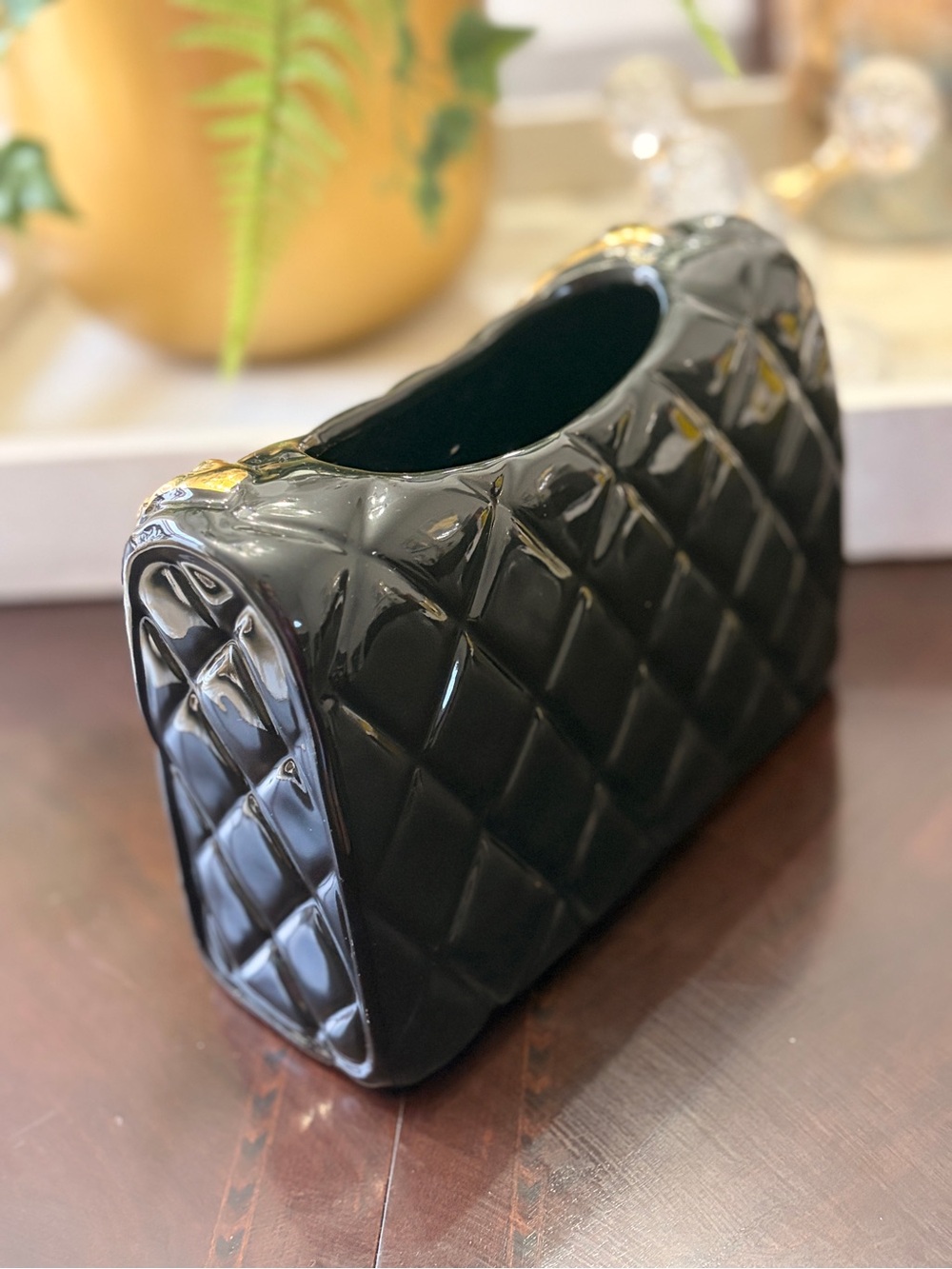 Elegant Ceramic Black Quilted Chain Bag Vase with Gold Hardware - Picture 9 of 10